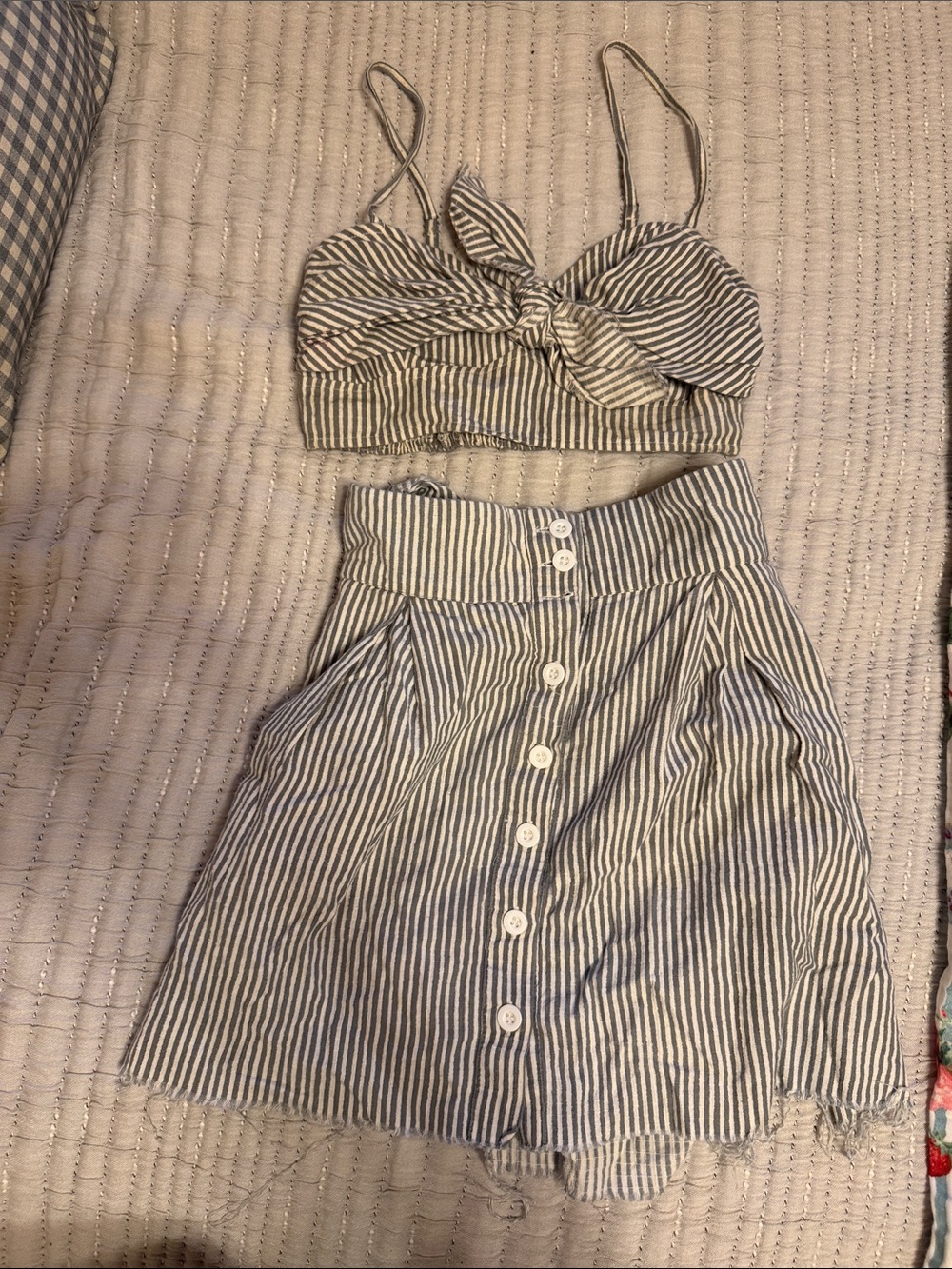 Striped Two-Piece Crop Top and Button Skirt Set - grey & White